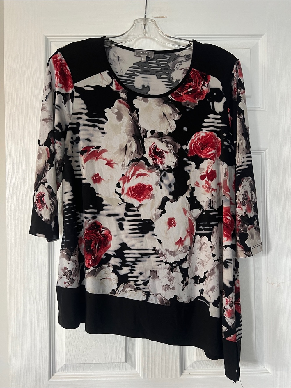 Laura Plus Black Floral Long Sleeve Scoop Neck Top with Red and Cream Roses